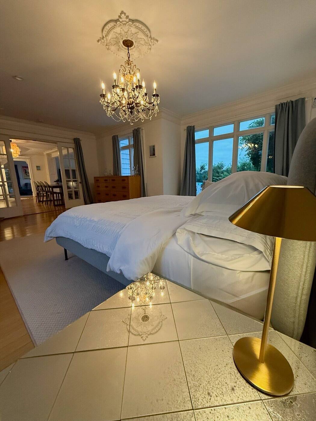 Ocean House master bedroom with ocean view — private oceanfront villa rental, Long Island Sound, North Shore NY